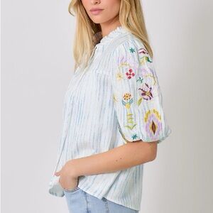 Embroidered Puff Sleeve Peasant Top - Light Blue